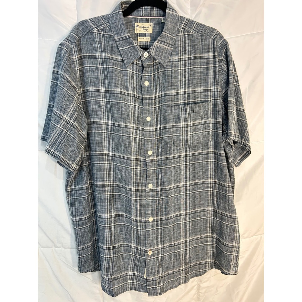 Weatherproof Vintage Plaid Shrt Sleeve Button Up Shirt Men XL Linen Cotton Blend